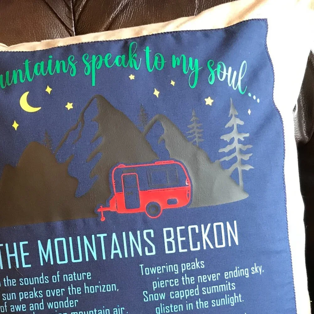 Mountain Camping Pillow Cover, Handmade Vintage Camper Cabin Decor 18 x 18 in.